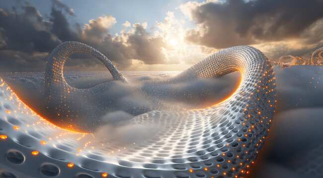 
an abstract image with a cloud and stars in the middle, in the style of circuitry, light silver and orange, vray tracing