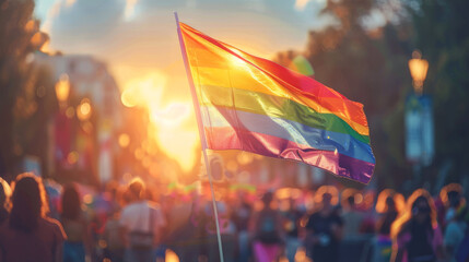 Sunset Silhouettes and Rainbow Flag at Pride Event - obrazy, fototapety, plakaty