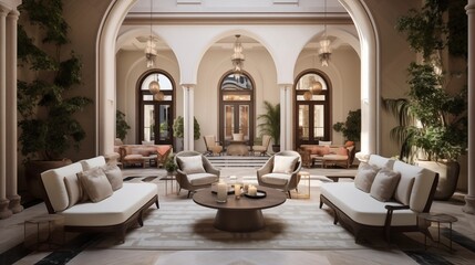 Luxurious palazzo-style indoor courtyard lounge with glazed brick barrel vaulted ceiling arched doorways and marble floors. - obrazy, fototapety, plakaty