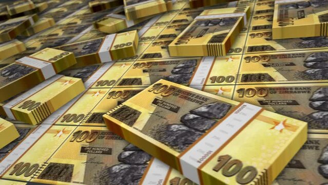 Zimbabwe money Zimbabwean dollars banknote bundle loop. ZWL 100 money stacks. Concept of business, economy, banking and finance. Camera over cash packs loopable seamless 3d.