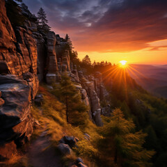 Beautiful sunset in the mountains landscape. Landscape with rocks. - obrazy, fototapety, plakaty