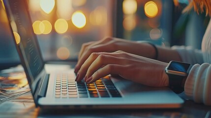 closeup of business woman hands working on laptop computer keyboard, online work on office table, internet surfing, social media, and global network