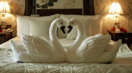 Fototapeta na wymiar Begin your honeymoon in style with swan-shaped towels adorning your bed, creating a romantic atmosphere for your special getaway