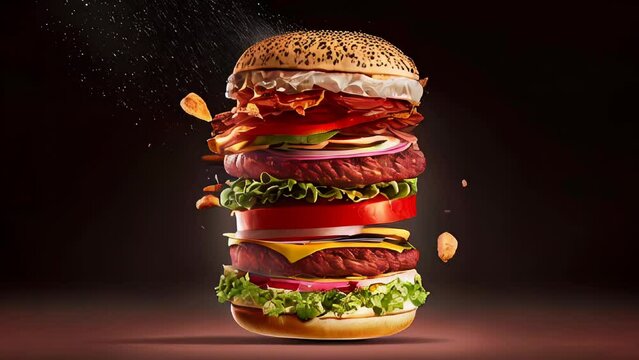 flying floating cheeseburger close-up view on isolated studio background. Onion, pickle, tomato, mayonnaise, cheese, bacon, salad, and hamburger from fast food restaurant. AI-generated.