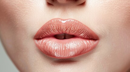 Fototapeta premium detailed closeup of natural lip makeup highlighting plump and full lips on a female face, featuring clean skin and a fresh, tender appearance