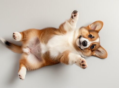 A playful Corgi puppy lying on its back, showcasing its adorable belly and paws, on a light background.