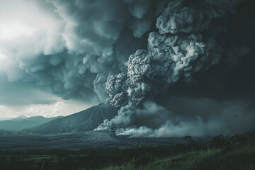 A photograph of a volcanic eruption, where a thick cloud of gray ash and smoke rises into the air, framed by a gloomy sky, creating an atmosphere of tension and danger. Natural disaster - obrazy, fototapety, plakaty