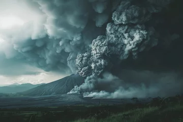 Fotobehang A photograph of a volcanic eruption, where a thick cloud of gray ash and smoke rises into the air, framed by a gloomy sky, creating an atmosphere of tension and danger. Natural disaster © alsu0112