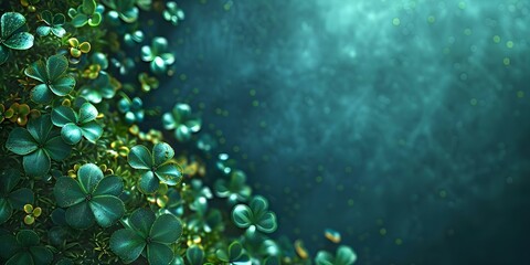 St Patrick's Day Background with Green Clover Leaves Abstract Design and Festive Greetings. Concept St Patrick's Day, Green Clover Leaves, Festive Greetings, Abstract Design, Background