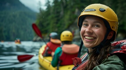 Woman Smiles Kayaking in Yellow Helmet