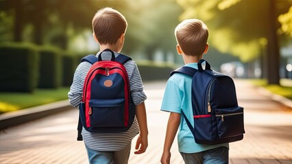 Boy and girl with backpacks returning from school, back view - obrazy, fototapety, plakaty