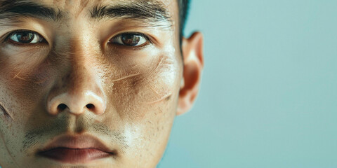 Photo of an Asian man with a scar on his face in light colors. Banner with image to copy on left