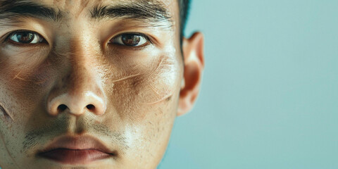Obraz premium Photo of an Asian man with a scar on his face in light colors. Banner with image to copy on left