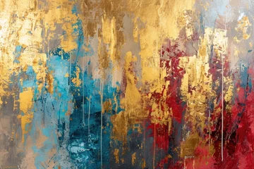 Fotobehang The abstract picture of the gold, blue and red colours that has been painted or splashed on the white blank background wallpaper to form the random shape that cannot be describe yet beautiful. AIGX01. © Summit Art Creations