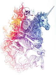 A drawing showing a skeleton seated on a unicorn, with both creatures appearing in a dynamic posture