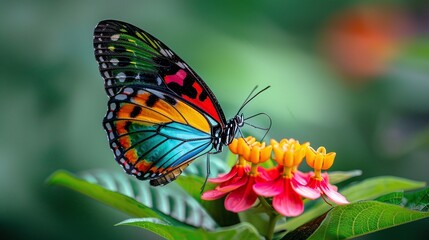 Naklejka premium beautiful butterfly sitting on a flower in a closeup shot, highlighting the intricate details of its colorful wings in a garden setting