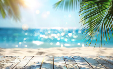 Sunny tropical beach with a wooden table top and palm leaves on a bokeh sunlight background