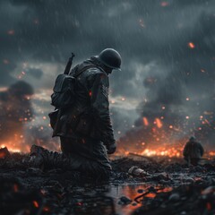 A solitary figure amidst the chaos, this soldier embodies the relentless courage faced in World War's fierce battles - obrazy, fototapety, plakaty