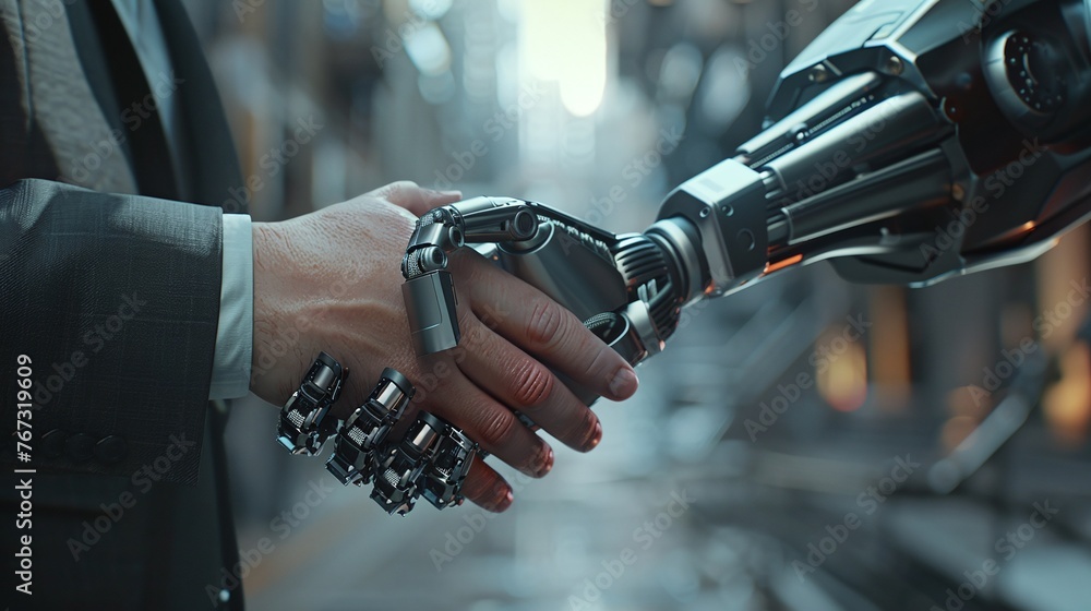 Poster closeup of a handshake between a business man and a robot man, symbolizing the future of artificial 