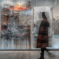 In the hush of the exhibition, a defocused figure strolls, surrounded by art, her form merging with the creativity around her - obrazy, fototapety, plakaty