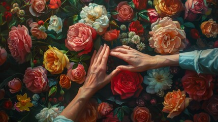 Hands at work among flowers, a vibrant bouquet emerges, roses and accents interlace in a dance of...