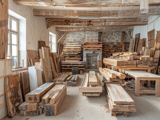 In the carpentry maze, planks and pieces lie scattered, a testament to the vigorous labor of shaping wood