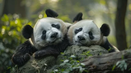 Fotobehang Peaceful giant panda lounges on a forest rock, a serene moment captured in Chengdu's natural haven © Steveandfriend