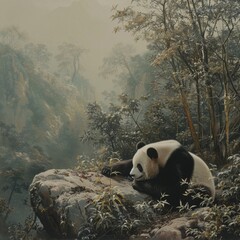 Nestled among the foliage, a giant panda reclines on a boulder, a picturesque scene from the heart...