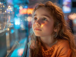 Inquisitive schoolgirl, eyes wide with wonder, engaging with an interactive science exhibit, her curiosity kindled