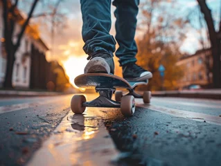 Foto op Plexiglas Teen's hand and skateboard dance in harmony, street skating captured up close, joy in every turn and twist © Steveandfriend