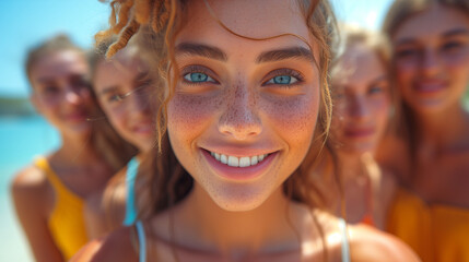 Fototapeta premium Multiracial group of friends, happy on vacation, taking a selfie on the beach.
