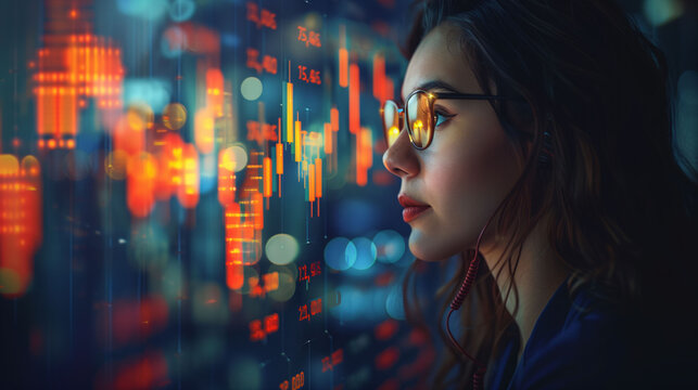 Focused businesswoman analyzing stock market data on digital screen, concept of financial analysis and investment strategy.