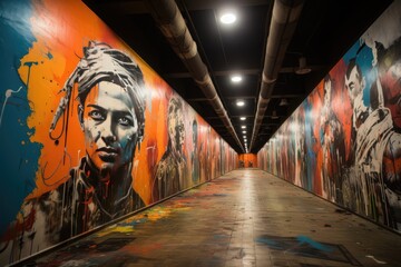 Stadium tunnels display colorful historical murals., generative IA