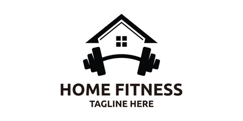 creative home fitness logo design, barbell logo with house, logo design template, symbol, icon, creative idea.