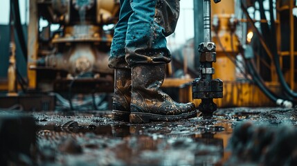 Enter the realm of industrial prowess with a closeup view of a worker in the oil drilling field, their unwavering focus serving as a beacon of determination amidst the rugged landscape - obrazy, fototapety, plakaty