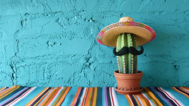 cactus with mustache and sombrero hat blue background. Festive Mexican Cinco de Mayo