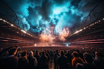 Exciting departure at Super Bowl, crowded stadium and players in action., generative IA