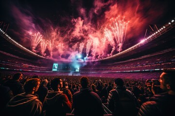 Exciting departure at Super Bowl, crowded stadium and players in action., generative IA