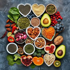 Assortment of nutritious foods promoting heart health
