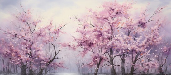 Obraz na płótnie Canvas A beautiful painting of cherry blossom trees in a forest, displaying purple flowers against a violet sky. The natural landscape captures the artistry of nature with delicate twigs and trees