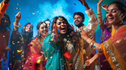 A lively group of friends, adorned in vibrant traditional attire, captures the joyous spirit of Diwali, the festival of lights, in a whirlwind of color and celebration. - obrazy, fototapety, plakaty