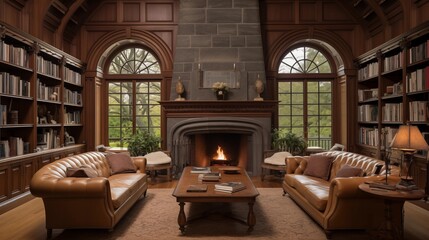 Historic colonial estate library with custom wood paneling arched windowpane bookcases rolling ladder and fireplace inglenook. - obrazy, fototapety, plakaty