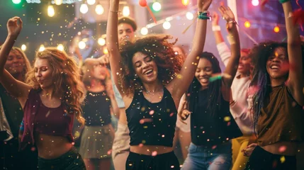 Fotobehang Group of friends in a state of euphoria, dancing with abandon at a lively party. Confetti fills the air, highlighting a moment of pure joy and carefree abandon under the dance floor lights. © Beyonder