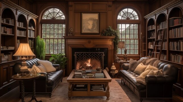 Historic colonial estate library with custom wood paneling arched windowpane bookcases rolling ladder and fireplace inglenook.