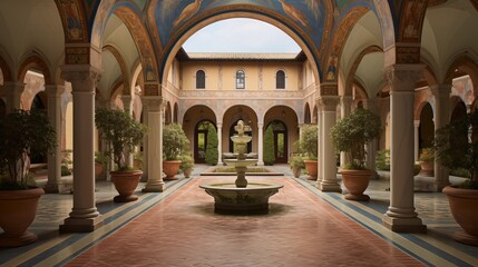Historic Italian Renaissance-style villa loggia with domed brick ceilings arched colonnades mosaic tiled fountains and frescoes. - obrazy, fototapety, plakaty