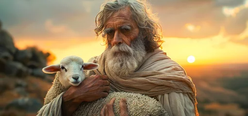 Fotobehang biblical shepherd holding a lamb in his arms © FrankBoston