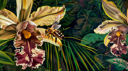 A bee over a large orchid blooming among palm leaves in the jungle, watercolor drawing in art nouveau style about protecting wild life - obrazy, fototapety, plakaty