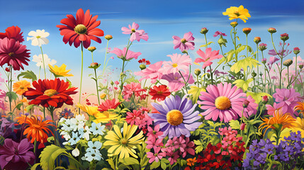 Vibrant Canvas of Radiant Petals: A Stunner Display of Bright, Colorful Flowers in Full Bloom - obrazy, fototapety, plakaty