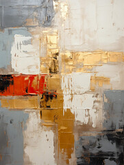 Oil painting with abstract geometric shapes in red, gray and gold colors in boho style using palette knife, art painting texture background