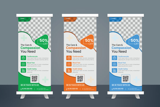 New modern abstract medical clinic roll up banner design template bundle, advertising, biology, biochemistry, banner, background, business promotion signage standee vector layout, set, roll up.